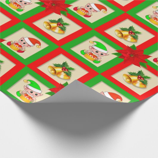 kerstklokken, poinsettia, elves op gouden bodem cadeaupapier (Hoek)