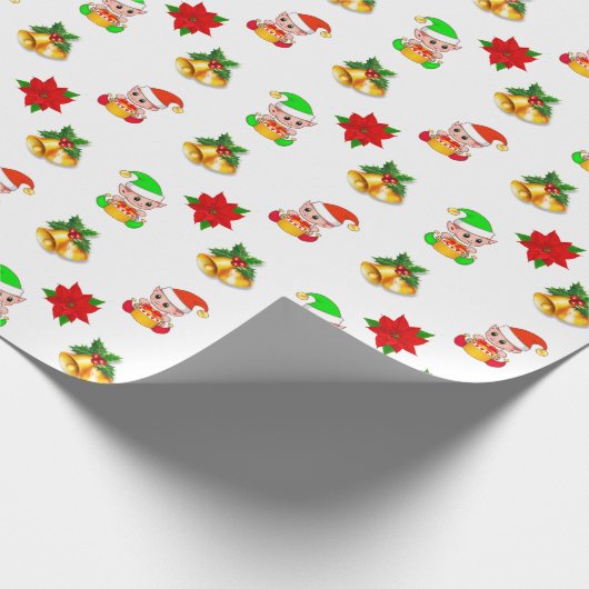kerstklokken, poinsettia en schattige elf-versieri cadeaupapier (Hoek)