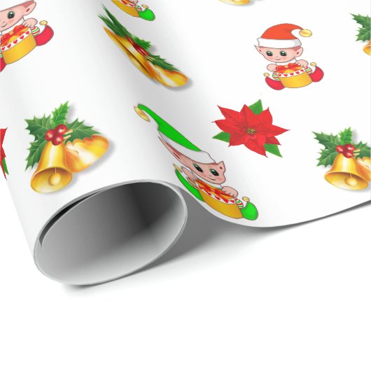 kerstklokken, poinsettia en schattige elf-versieri cadeaupapier (Rol Hoek)