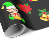 kerstklokken, poinsettia en schattige elf-versieri cadeaupapier (Rol Hoek)