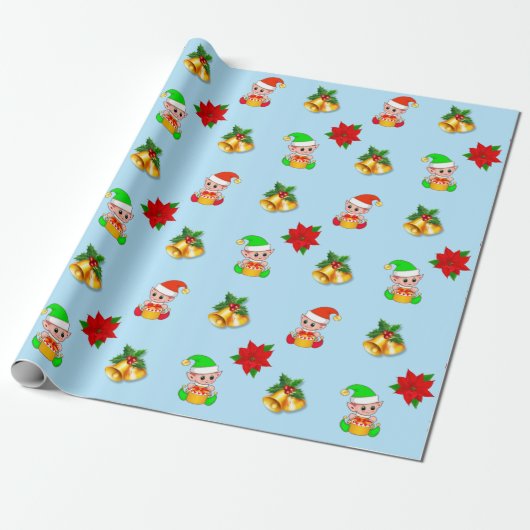 kerstklokken, poinsettia en schattige elf-versieri cadeaupapier (Uitgerold)
