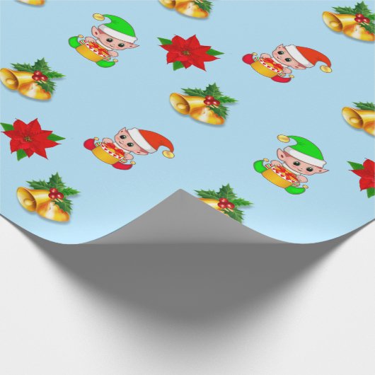 kerstklokken, poinsettia en schattige elf-versieri cadeaupapier (Hoek)