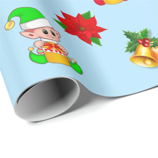 kerstklokken, poinsettia en schattige elf-versieri cadeaupapier (Rol Hoek)