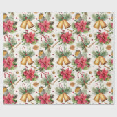 kerstklokken, poinsettia, robin, snoeprietjes cadeaupapier (Vlak)
