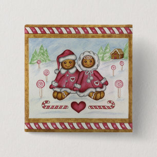 Kerstknop Jongen en Meisje Peperkoek Vierkante Button 5,1 Cm