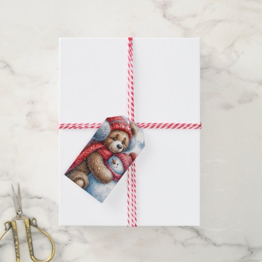 Kerstknuffels Teddy Bear en Snowman Cadeaulabel (Met Touw)