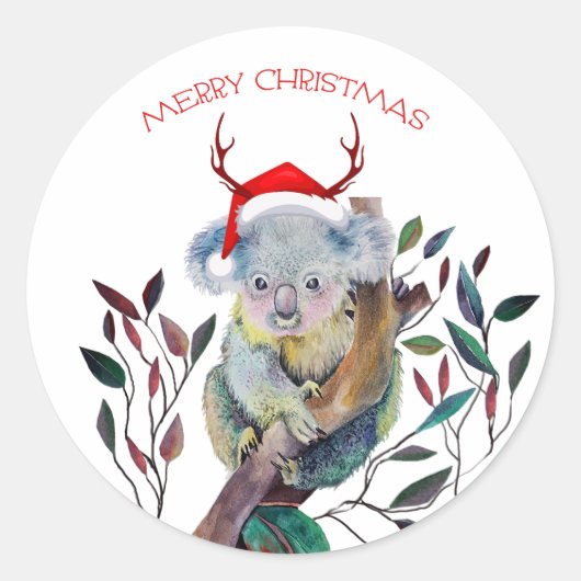 Kerstkoala met kerstmuts ronde sticker (Voorkant)