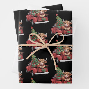 Kerstkoe  Highland Koe in Truck Farm Kerstmis  Inpakpapier Vel