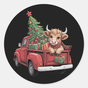 Kerstkoe Highland Koe in Truck Farm Xmas Ronde Sticker