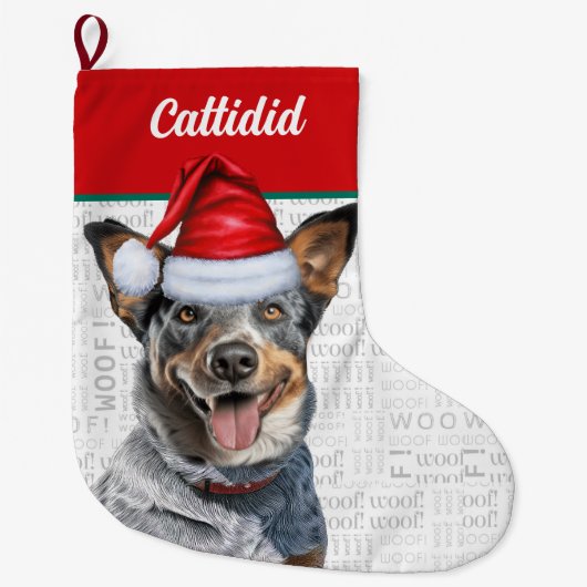 Kerstkoe Hond met Naam Woof Achtergrond Grote Kerstsok (Voorkant)