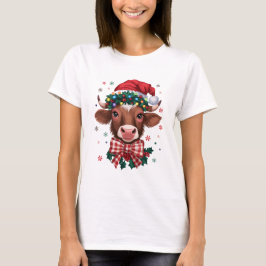 Kerstkoe met Santa-hoed en feestelijke lichten T-shirt