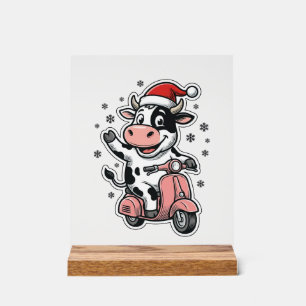 Kerstkoe rijdend op roze scooter vintage vector_1 acryl bord