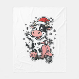 Kerstkoe rijdend op roze scooter vintage vector_1 fleece deken
