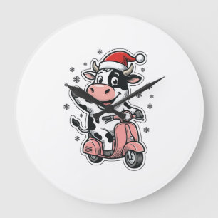 Kerstkoe rijdend op roze scooter vintage vector_1 grote klok