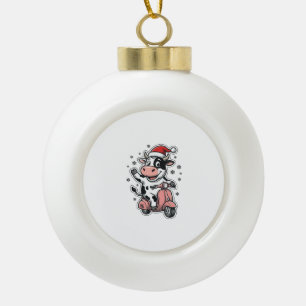 Kerstkoe rijdend op roze scooter vintage vector_1 keramische bal ornament