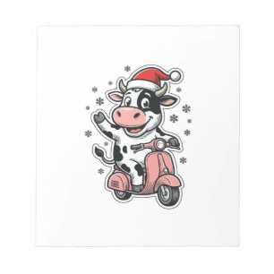 Kerstkoe rijdend op roze scooter vintage vector_1 notitieblok