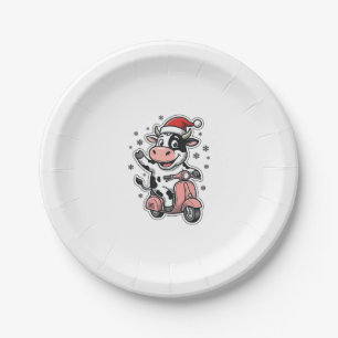 Kerstkoe rijdend op roze scooter vintage vector_1 papieren bordje