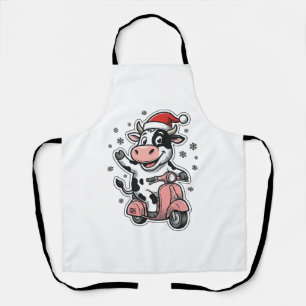 Kerstkoe rijdend op roze scooter vintage vector_1 schort