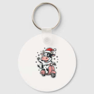 Kerstkoe rijdend op roze scooter vintage vector_1 sleutelhanger