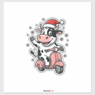 Kerstkoe rijdend op roze scooter vintage vector_1 sticker