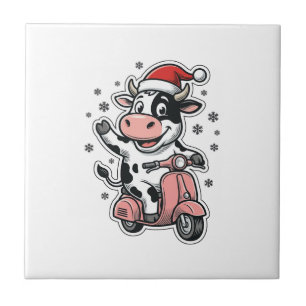 Kerstkoe rijdend op roze scooter vintage vector_1 tegeltje