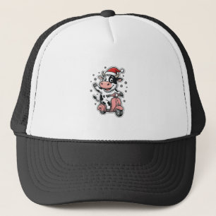 Kerstkoe rijdend op roze scooter vintage vector_1 trucker pet
