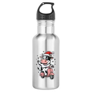 Kerstkoe rijdend op roze scooter vintage vector_1 waterfles