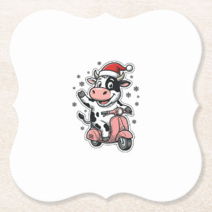 Kerstkoe rijdt op roze scooter vintage vector_1 kartonnen onderzetters