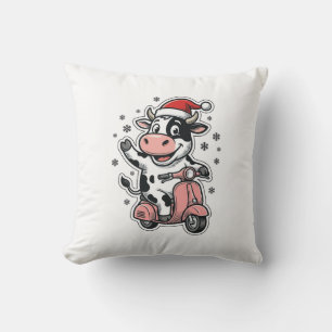Kerstkoe rijdt op roze scooter vintage vector_1 kussen