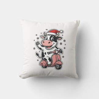 Kerstkoe rijdt op roze scooter vintage vector_1 kussen