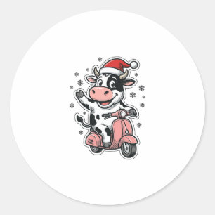 Kerstkoe rijdt op roze scooter Vintage Vector_1 Ronde Sticker