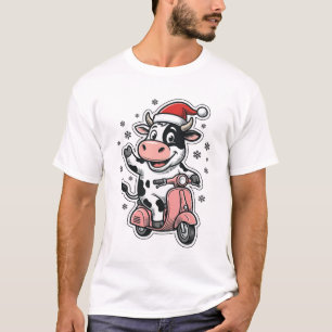 Kerstkoe rijdt op roze scooter Vintage Vector_1 T-shirt