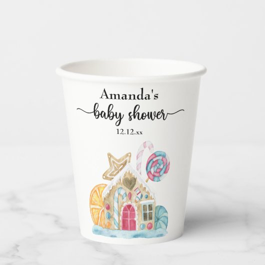 Kerstkoekhuis babyshower papieren bekers (Voorkant)