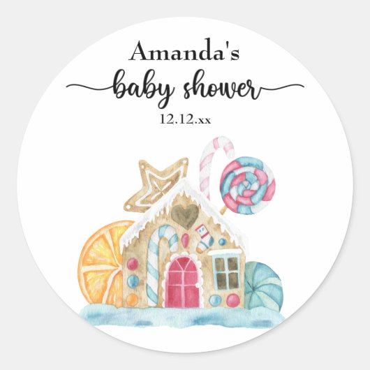 Kerstkoekhuis babyshower ronde sticker (Voorkant)