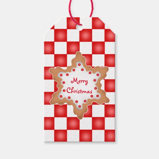 Kerstkoekje op rood en wit dambord cadeaulabel (Voorkant)