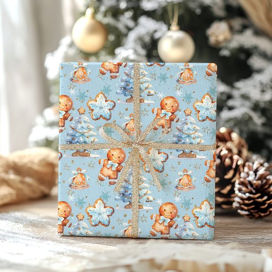 Kerstkoekje peperkoek man blauwe jongen verjaardag inpakpapier vel