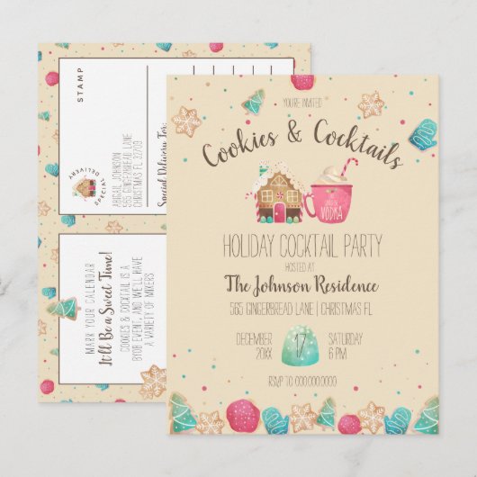 Kerstkoekjes + Cocktail Budget Party uitnodigen Briefkaart (Voorkant / Achterkant)