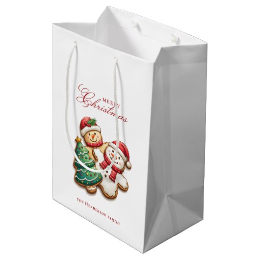 Kerstkoekjes en aangepaste naam wit medium cadeauzakje (Achterkant Gekanteld)