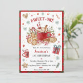 Kerstkoekjes en cacao 1e verjaardagsfeestje kaart (Staand voorkant)