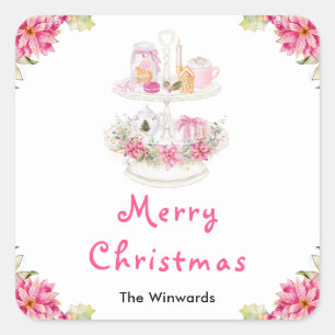 Kerstkoekjes en Cacao Roze Prettig Kerstfeest Vierkante Sticker