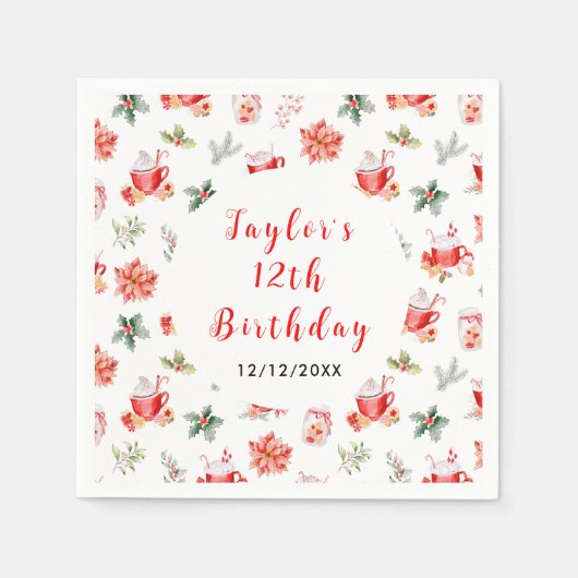 Kerstkoekjes en cacao verjaardagsfeestje rood servet (Voorkant)