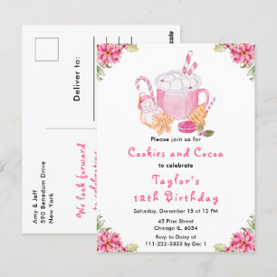 Kerstkoekjes en cacao verjaardagsfeestje roze briefkaart