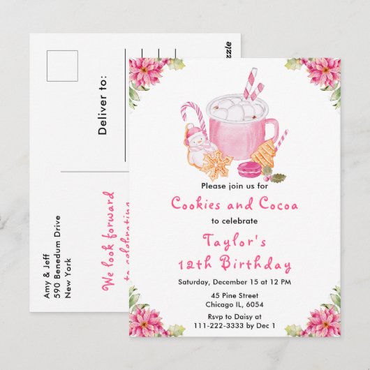 Kerstkoekjes en cacao verjaardagsfeestje roze briefkaart (Voorkant / Achterkant)
