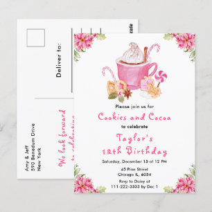 Kerstkoekjes en cacao verjaardagsfeestje roze briefkaart