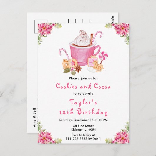 Kerstkoekjes en cacao verjaardagsfeestje roze briefkaart (Voorkant / Achterkant)