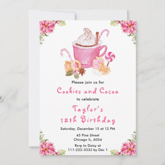 Kerstkoekjes en cacao verjaardagsfeestje roze kaart (Voorkant)