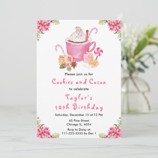 Kerstkoekjes en cacao verjaardagsfeestje roze kaart (Staand voorkant)