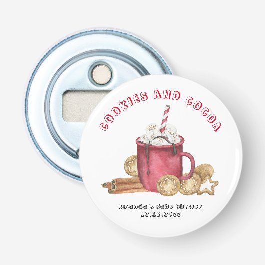 Kerstkoekjes en cacaobabyfeestje button flesopener (Voorkant)