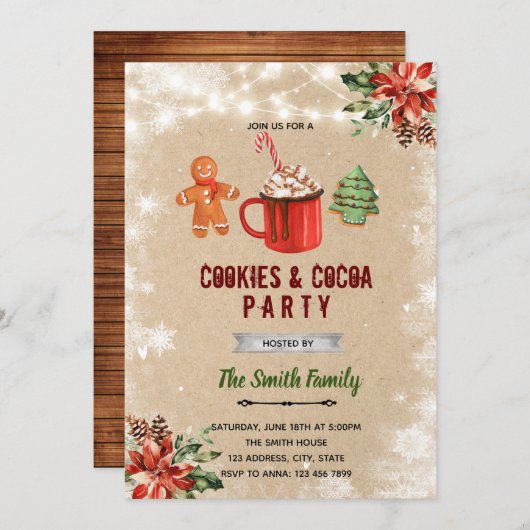 Kerstkoekjes en cacaouitnodiging kaart (Voorkant / Achterkant)