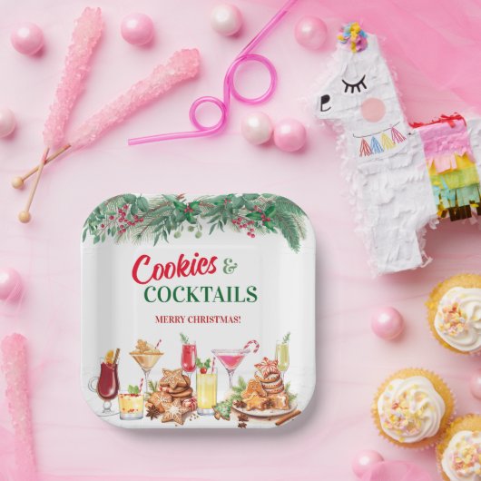 Kerstkoekjes en cocktails op vakantie papieren bordje (Feest)